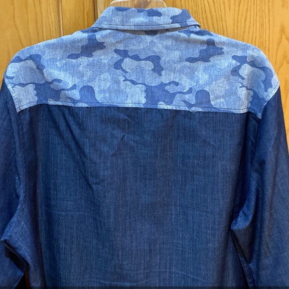 7 Diamonds Mens Long Sleeve Button Front Blue Camo Flip Cuff Shirt Size XL - Picture 4 of 10